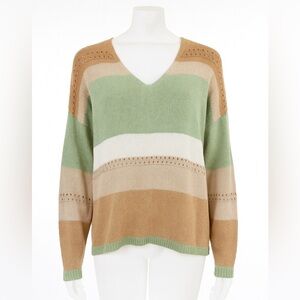 Striped V-Neck Sweater - Green, White, Tan 2X